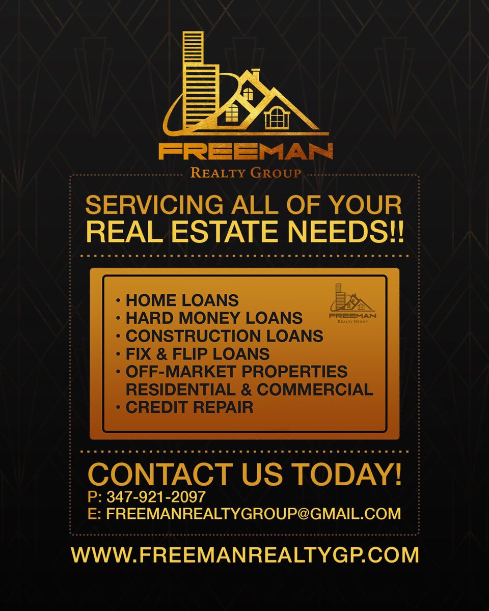 freemanrealtygp's tweet photo. 🏠 Freeman Realty Group — Servicing All of Your Real Estate Needs!! Contact Us Today! #RealEstate #HomeLoans #HardMoneyLoans #ConstructionLoans #FixAndFlipLoans #OffMarketProperties #CreditRepair https://t.co/zWtph1SNgk