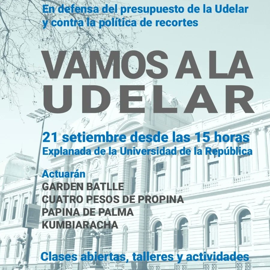 JacintoAFGAP's tweet photo. #PresupuestoParaLaUdelaR
Miércoles 21 de septiembre
¡Vamos a la Udelar!
A partir de las 15 horas:
* Clases abiertas
* Talleres
* Bandas musicales.
#QueNoTeDeLoMismo
#FEUU #ADUR #AFFUR #UTHC
#PITCNT https://t.co/bxh41C0TnC