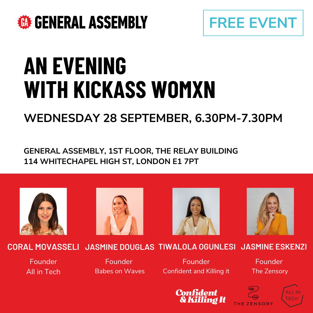 We are proud to be partnering with <a href="/GA/">General Assembly</a> for their event: An evening with Kickass Womxn!

On Wed 28th Sept at 6:30-7:30 you can join inspiring leaders as they share their learnings, challenges, and secrets of success ✨ 

Get your free ticket now: lnkd.in/eJ2EXxAN