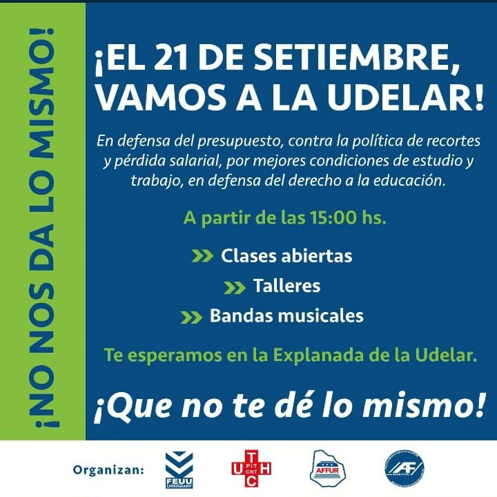 JacintoAFGAP's tweet photo. #PresupuestoParaLaUdelaR
Miércoles 21 de septiembre
¡Vamos a la Udelar!
A partir de las 15 horas:
* Clases abiertas
* Talleres
* Bandas musicales.
#QueNoTeDeLoMismo
#FEUU #ADUR #AFFUR #UTHC
#PITCNT https://t.co/bxh41C0TnC