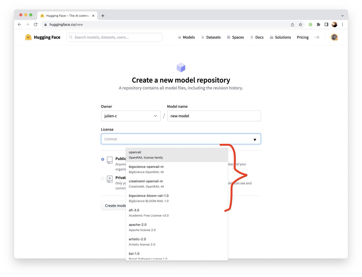 julien_c's tweet photo. Added some AI-specific licenses (OpenRAIL family) front-and-center in @huggingface model or dataset repo creation!

w/ @Carlos_MFerr https://t.co/8KoPa9RAZy