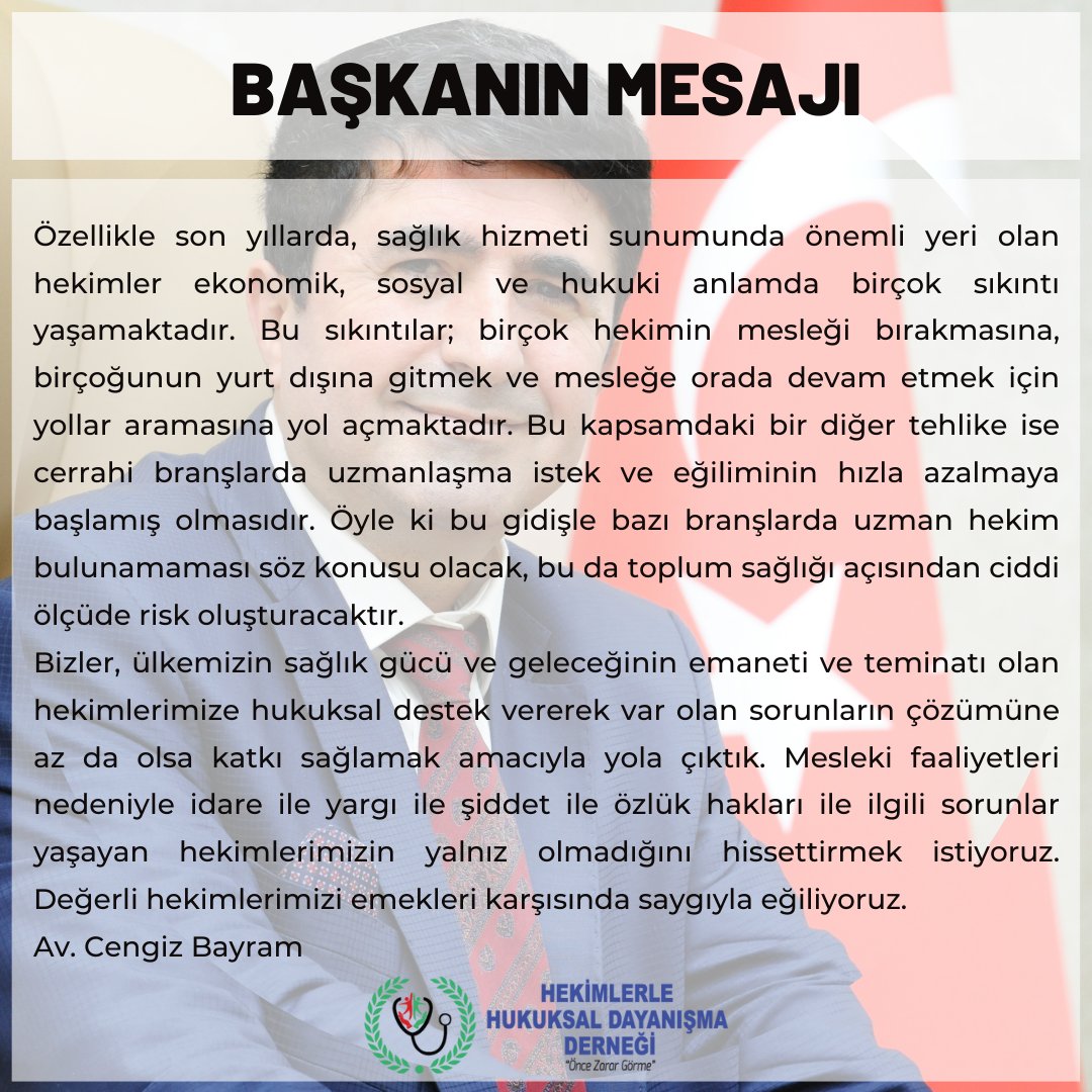 HHDD Başkanı Av. Cengiz Bayram'ın, HHDD üyelerine ve tüm hekimlere mesajıdır: 👇
#HekimlerleHukuksalDayanışmaDerneği #hhdd #öncezarargörme #hekim #doktor #sağlıkhukuku