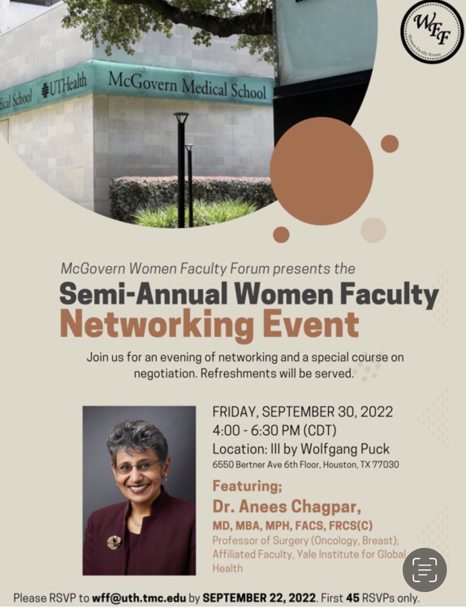 Looking forward to our <a href="/UTHealthHouston/">UTHealth Houston</a> <a href="/McGovernMed/">McGovern Med School</a> WFF Fall Networking event at iiibywofgangpuck.com featuring <a href="/AneesChagpar/">Anees Chagpar</a>! Please be sure to RSVP!
