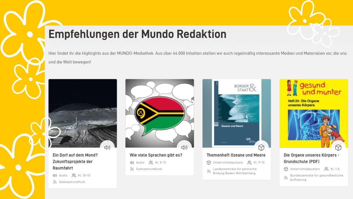 Schon entdeckt? Zum Start ins neue Schuljahr findet ihr auf #MUNDO einen ganzen 💐toller #Unterrichtsmaterialien! U.a. zu den Themen
🚀#Raumfahrt
💬#Sprachen
🌊#Ozeane und #Meere
☮️#Friedensbildung
Klickt doch mal rein! 
#twlz #digitaleBildung