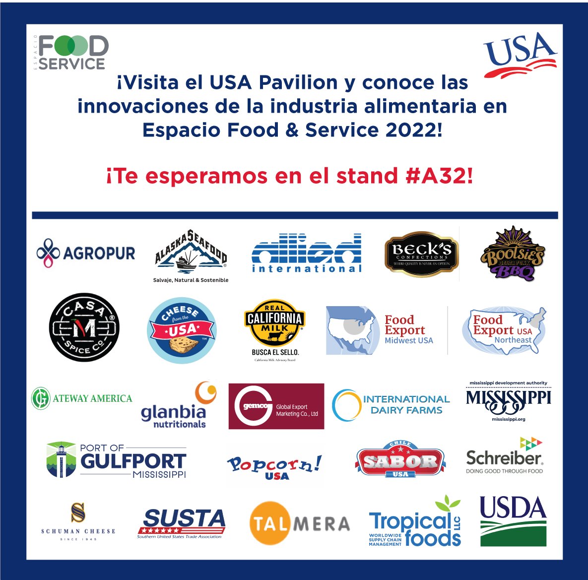 Kallman's tweet photo. Visita el USA Pavilion y conoce las innovaciones de la industria alimentaria en @eFoodService 2022! Te esperamos en el stand #A32! #teamUSA #USAPavilion #food #agriculture #tradeshows #eventprofs #exportservice https://t.co/VQPbd0llWf