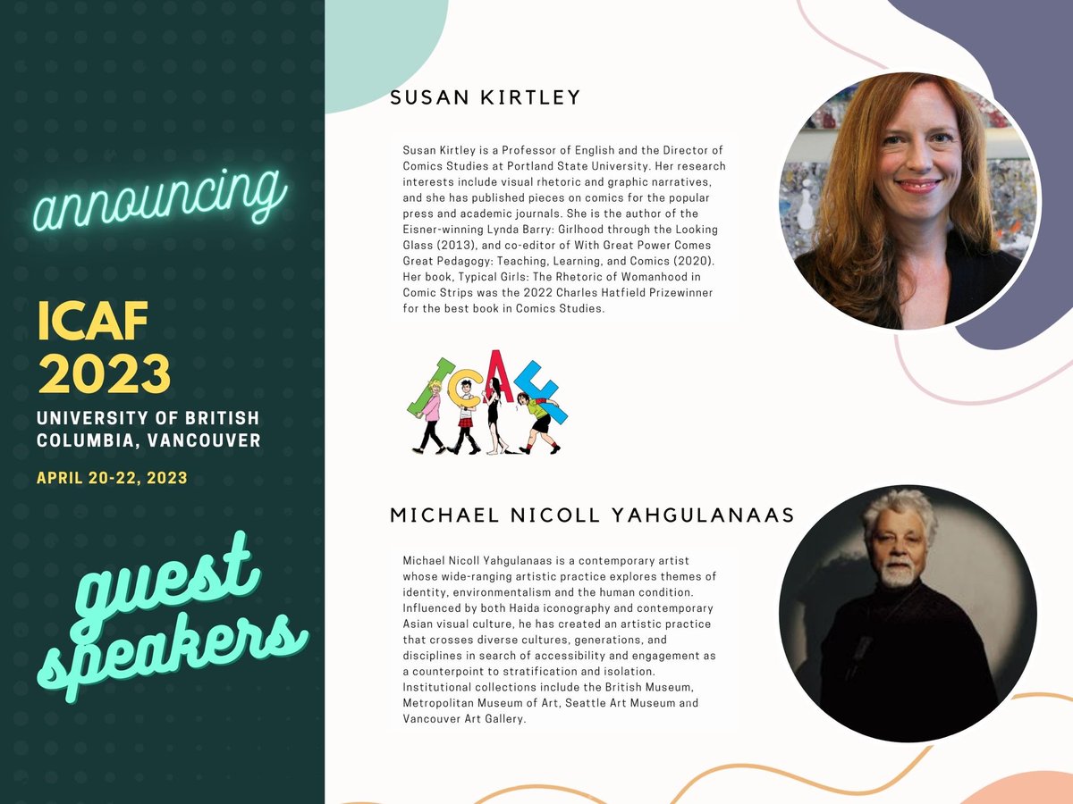 Good morning, comics friends! We are delighted to share that the brilliant Susan Kirtley and Michael Nicoll Yahgulanaas will join us in Vancouver for ICAF 2023. Read about their work below ⤵️

PS: You still have time to submit an abstract! CFP for details: tinyurl.com/5675vepb