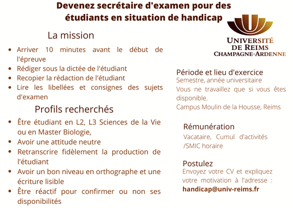 La mission handicap recrute un étudiant pour une mission de secrétaire d'examens
Retrouvez toutes les informations univ-reims.fr/ufrsciences/ac… 
<a href="/universitereims/">Université de Reims Champagne-Ardenne</a> @HandicapUCA