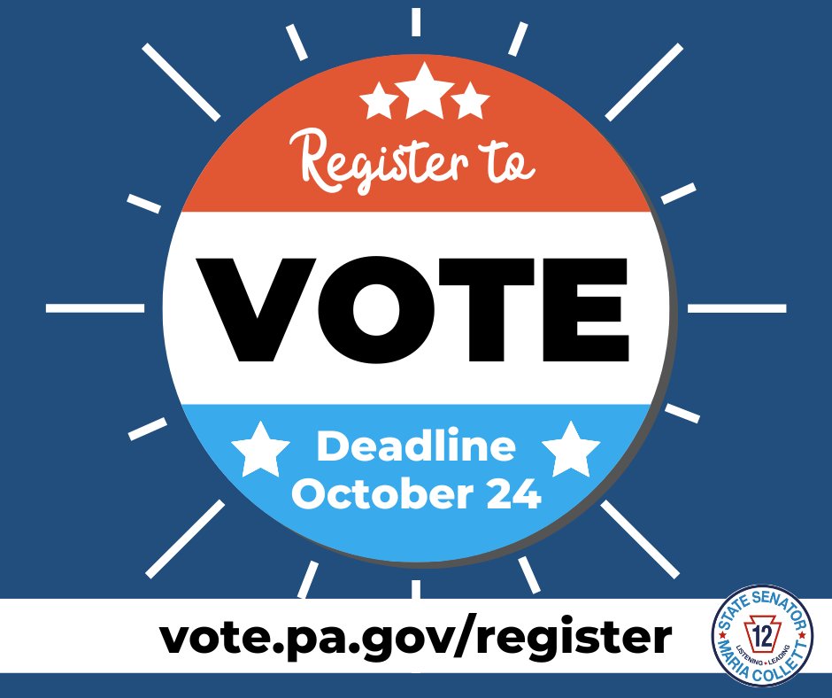 Today is National #VoterRegistrationDay. 🗳️ Are you registered yet? It only takes a few minutes, and you can do it online! Visit vote.pa.gov/register and make sure your voice is heard in the November 8 election. The deadline to register or change your registration is Oct 24!