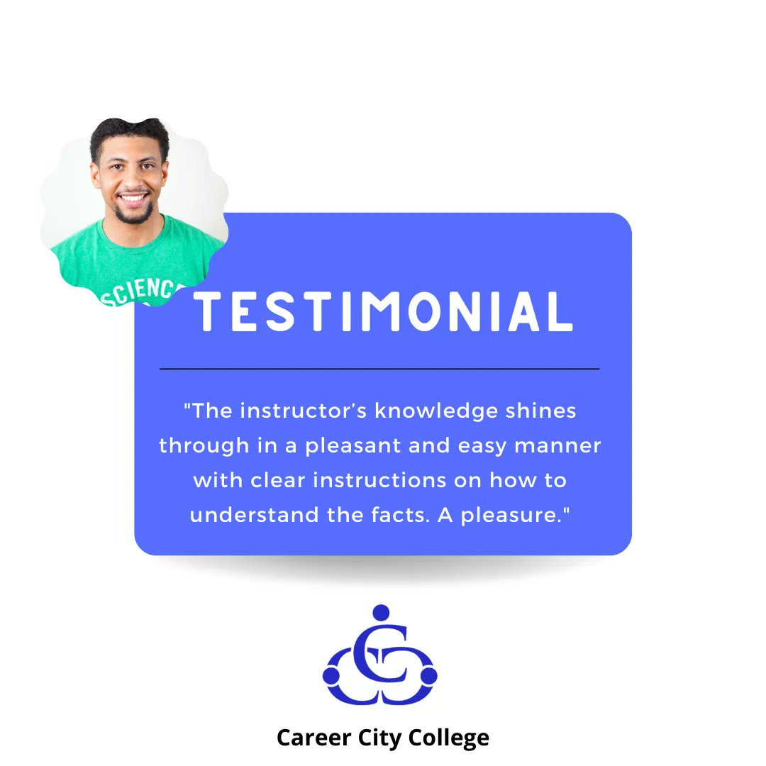 StartWithCCC's tweet photo. "Online courses give me the flexibility I need. I work late and can get online early in the day when I'm fresh. I appreciate studying at Career City College."

#careercitycollege #success #careergoals #inspiration #motivation #testimonial #studentlife https://t.co/b5fyuzJRb9