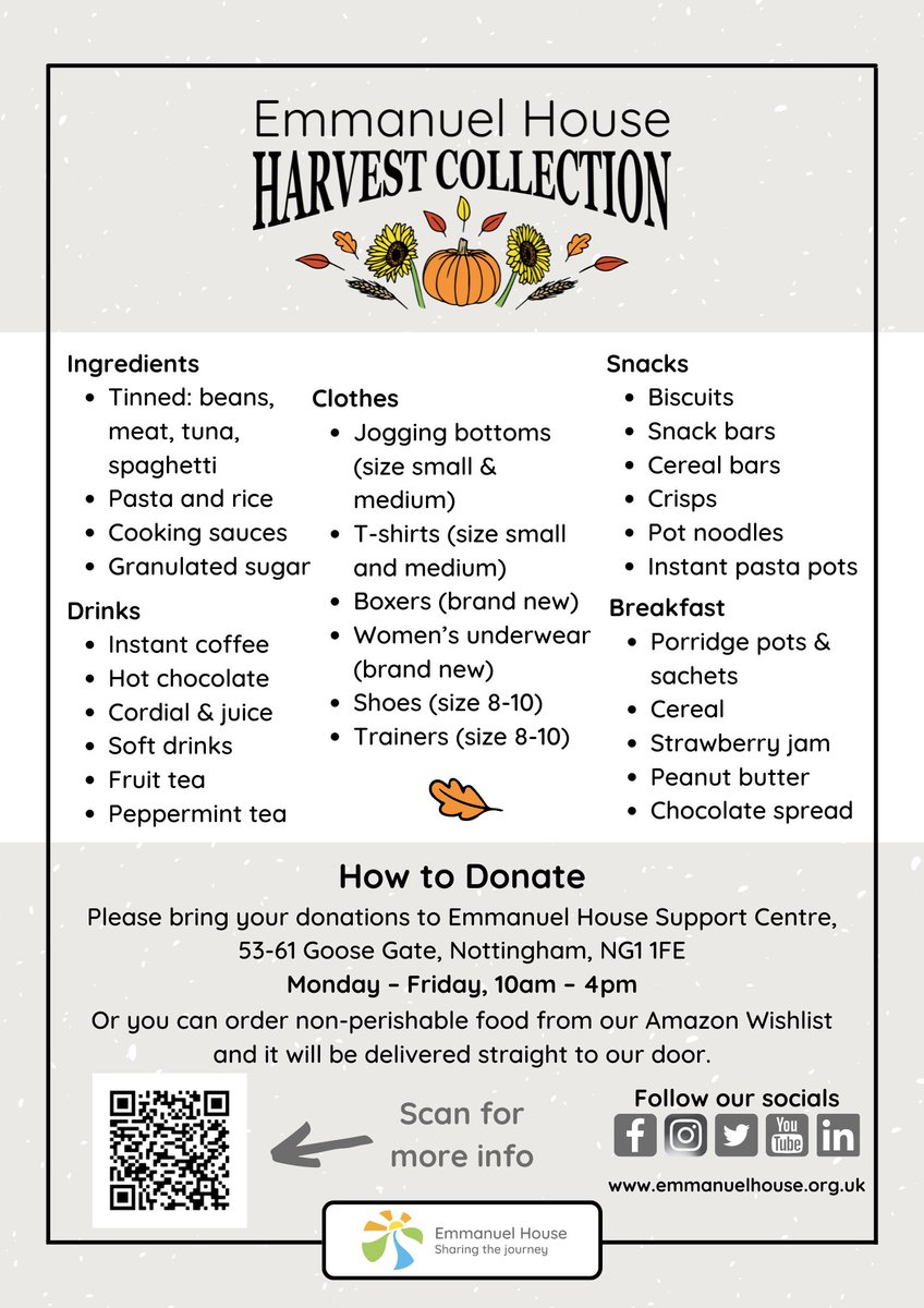 StMarysNotts's tweet photo. Emmanuel House needs food donations for thier Winter Shelter, reopening on the University Park campus on Monday 17th October. It will provide short-term emergency accommodation for people who are homeless or at risk of homelessness in Nottingham, see flyer for more information: https://t.co/0nehcGmMsS