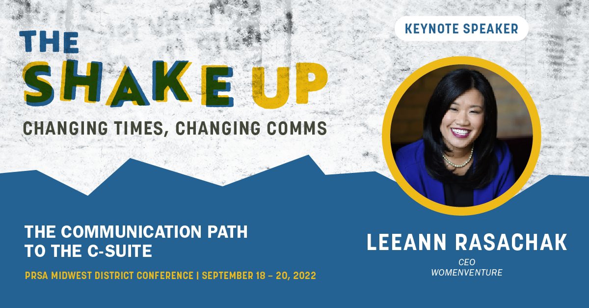 PRSANebraska's tweet photo. LeeAnn Rasachak of @WomenVenture is starting the morning off at the @PRSAMidwest Conference, sharing about the path to the c-suite. She says to let go of your ego, expectations and everything you thought you knew was right. #PRSAMDC #TCShakeup #PRSANE https://t.co/QIMYt9czs7