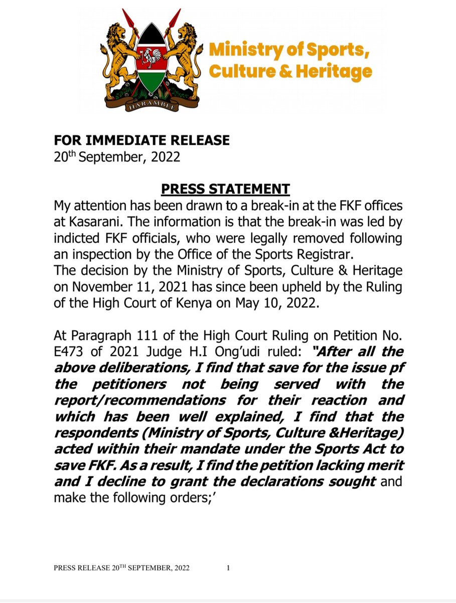 SportsPlugKe's tweet photo. The Ministry of sports has issued a statement following the reopening of FKF offices by President Nick Mwendwa and co. The Ministry through CS Amina Mohamed has termed the reopening "a break-in led by indicted FKF officials". https://t.co/PYR6ZDnkQ4