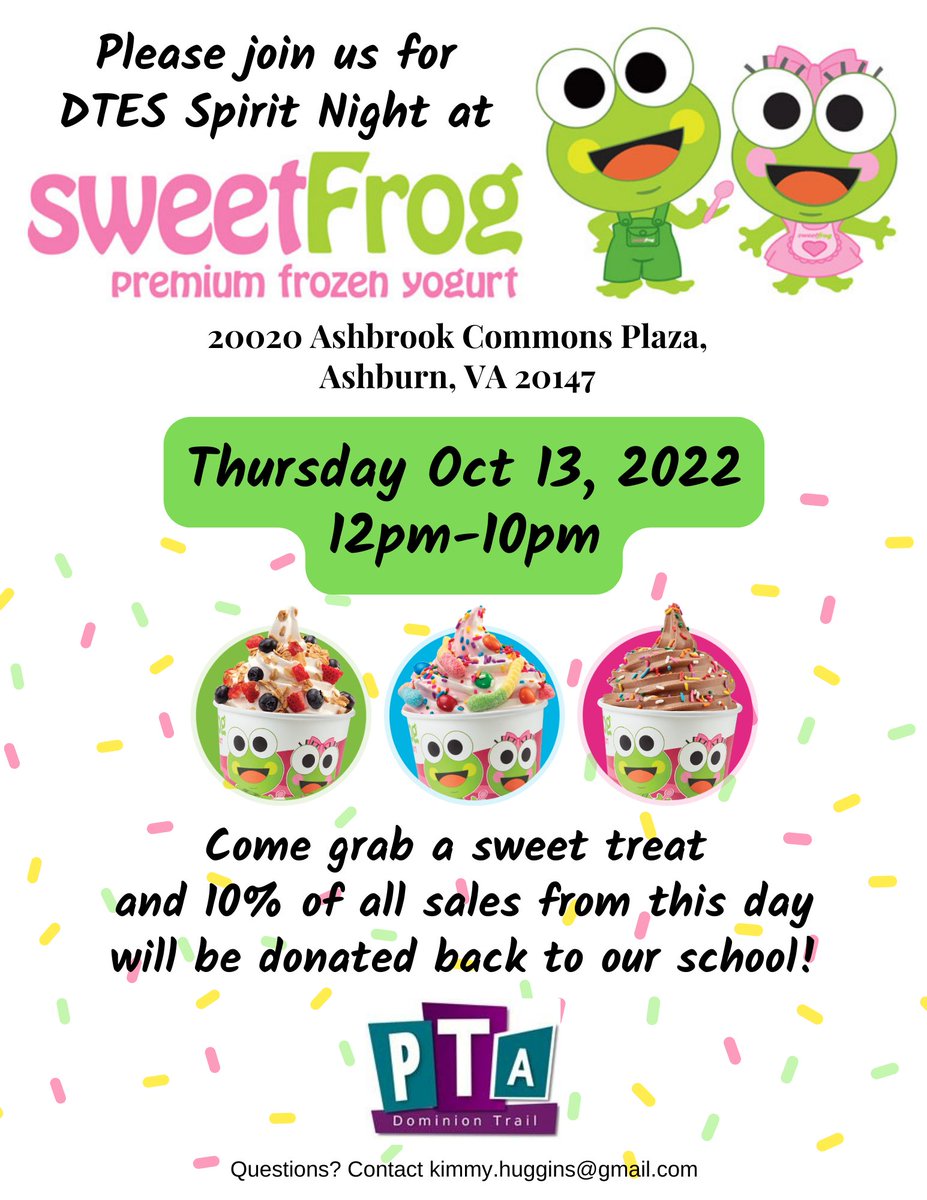 Join us at <a href="/sweetFrog/">sweetFrog</a> for spirit night Thursday, Oct 13th!