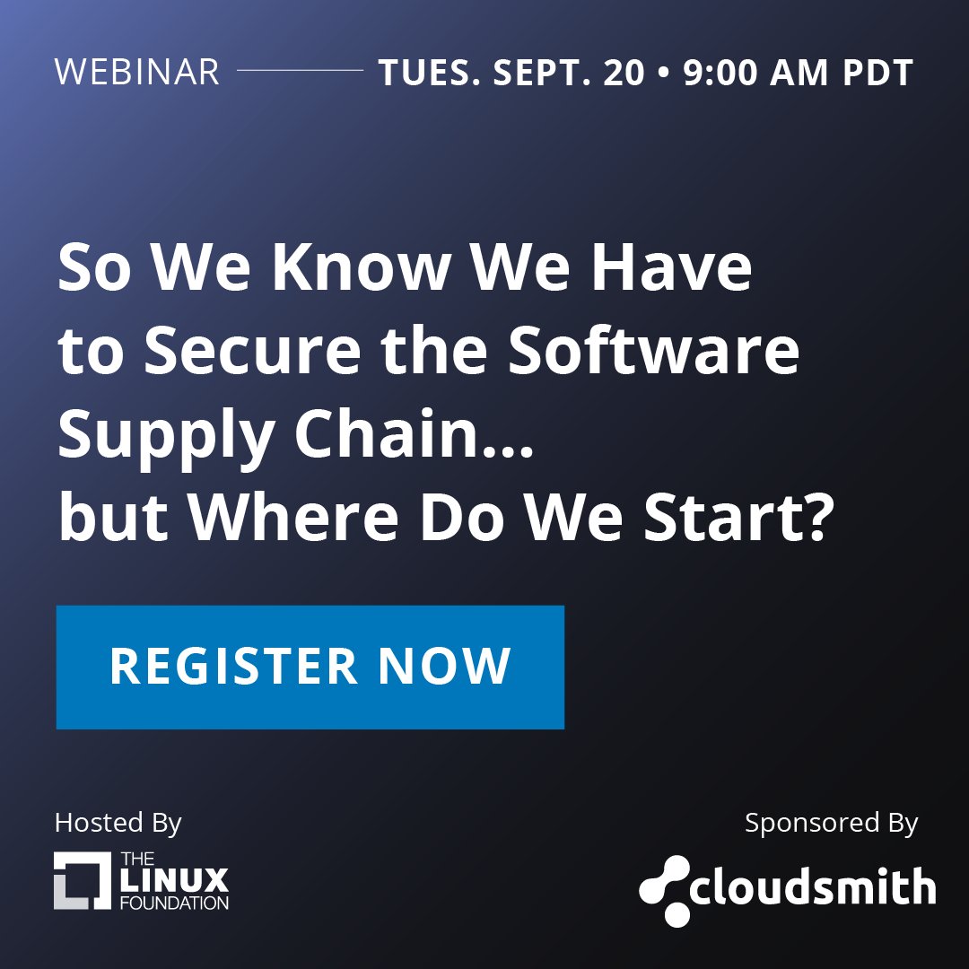 cloudsmith's tweet image. There is so much talk about securing the #softwaresupplychain, but where do we start? Join @adilio, @lskillen, @DevRelDan, &amp;amp; @RedHat/@projectsigstore&apos;s @decodebytes for a free webinar w/ @linuxfoundation TODAY! 

Register➡️bit.ly/3R20dRE ⬅️ #devsecops #devops #opensource