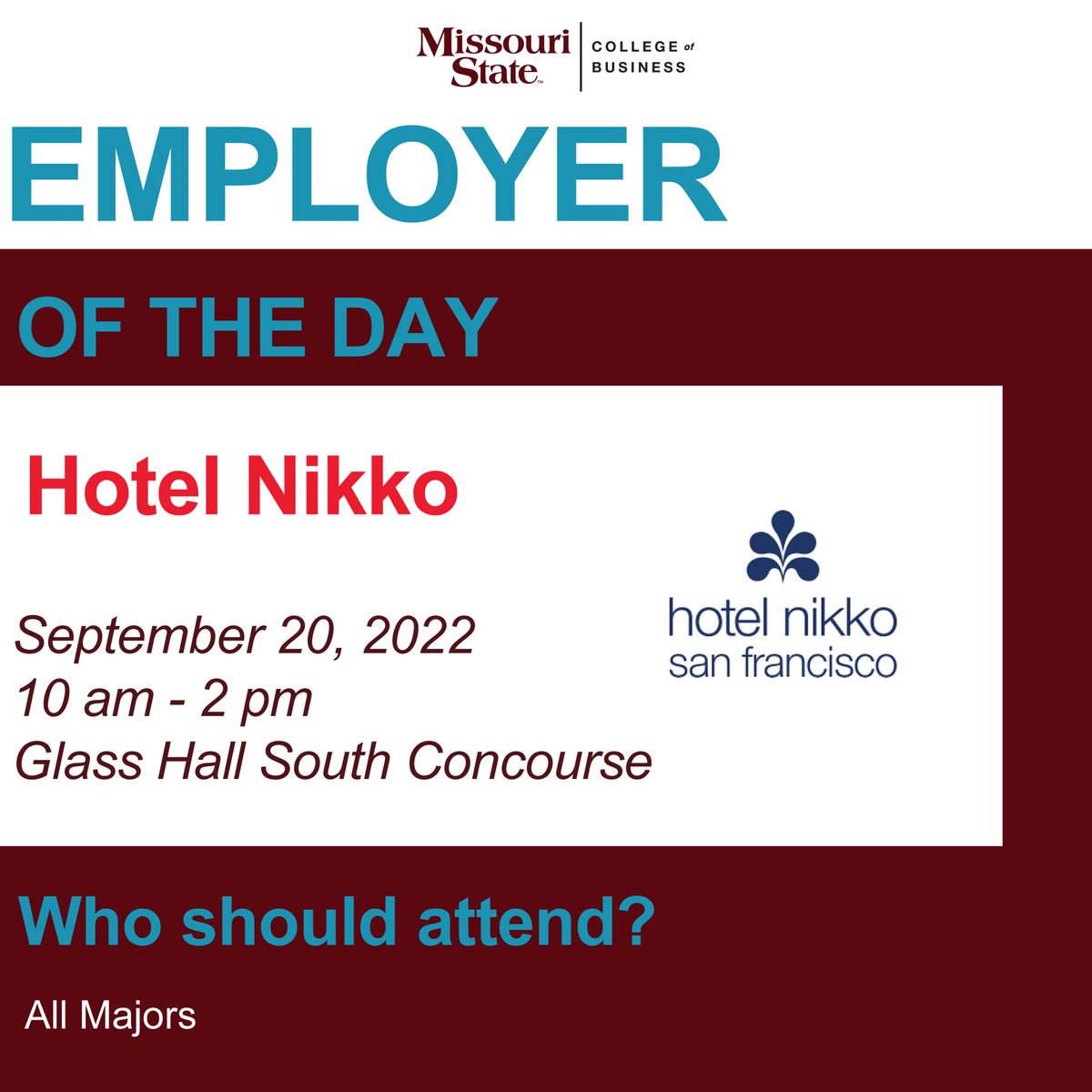 @attCAREERS and @HotelNikkoSF are both in Glass Hall today as our featured Employers of the Day. Stop by between 10-2 to learn about their opportunities for #bizbears!