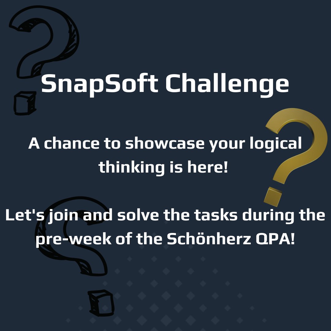 snapsoft_io's tweet photo. Our weekly SnapSoft #Challenge has started, where you can solve 5 exciting logical challenges this week! 

📄 The registration has already started, and the first task is already available - on this website: https://t.co/br3JTVzzfu

#snapsoft #programming #software #it #code #bme https://t.co/r4EgKCWOKO