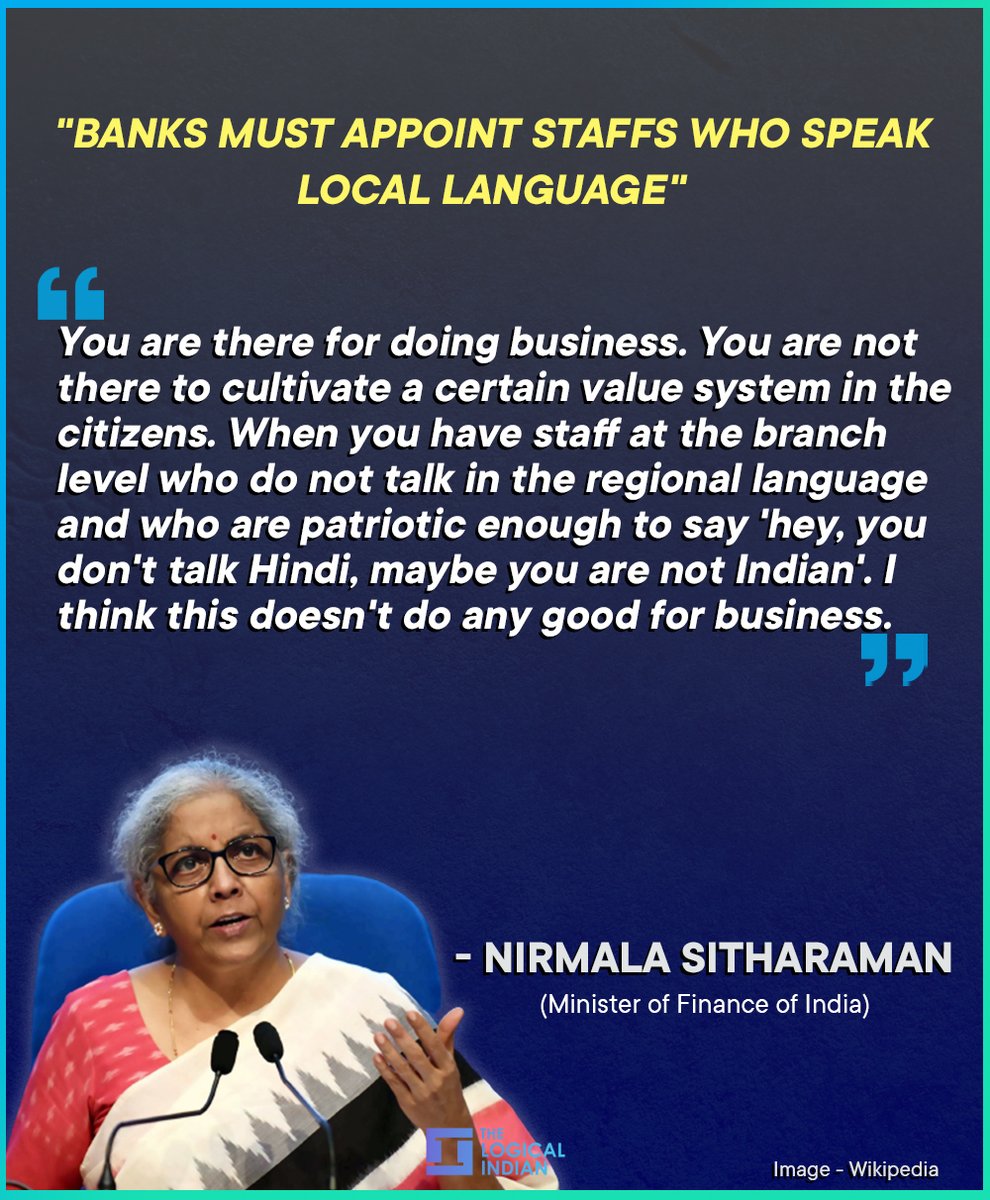 LogicalIndians's tweet photo. Union Finance Minister Nirmala Sitharaman, on Friday, September 16, called upon banks to appoint staff who could "speak the local language" and thus urged them to show inclusivity in their recruitment, media reports said. 
 
#financeminister #bank #nirmalsitharaman https://t.co/N6r2tTqFJg