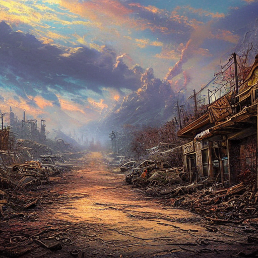 FahimFarook's tweet photo. I wanted to combine the light-filled style of Thomas Kinkade with a dark theme and see what happened. So here's today's Stable Diffusion prompt: "post-apocalyptic wasteland, Thomas Kinkade"

I loved them all!

#AIArtwork #stableDifusion #DeepLearning #ArtificialIntelligence https://t.co/haCsDzzc4Q