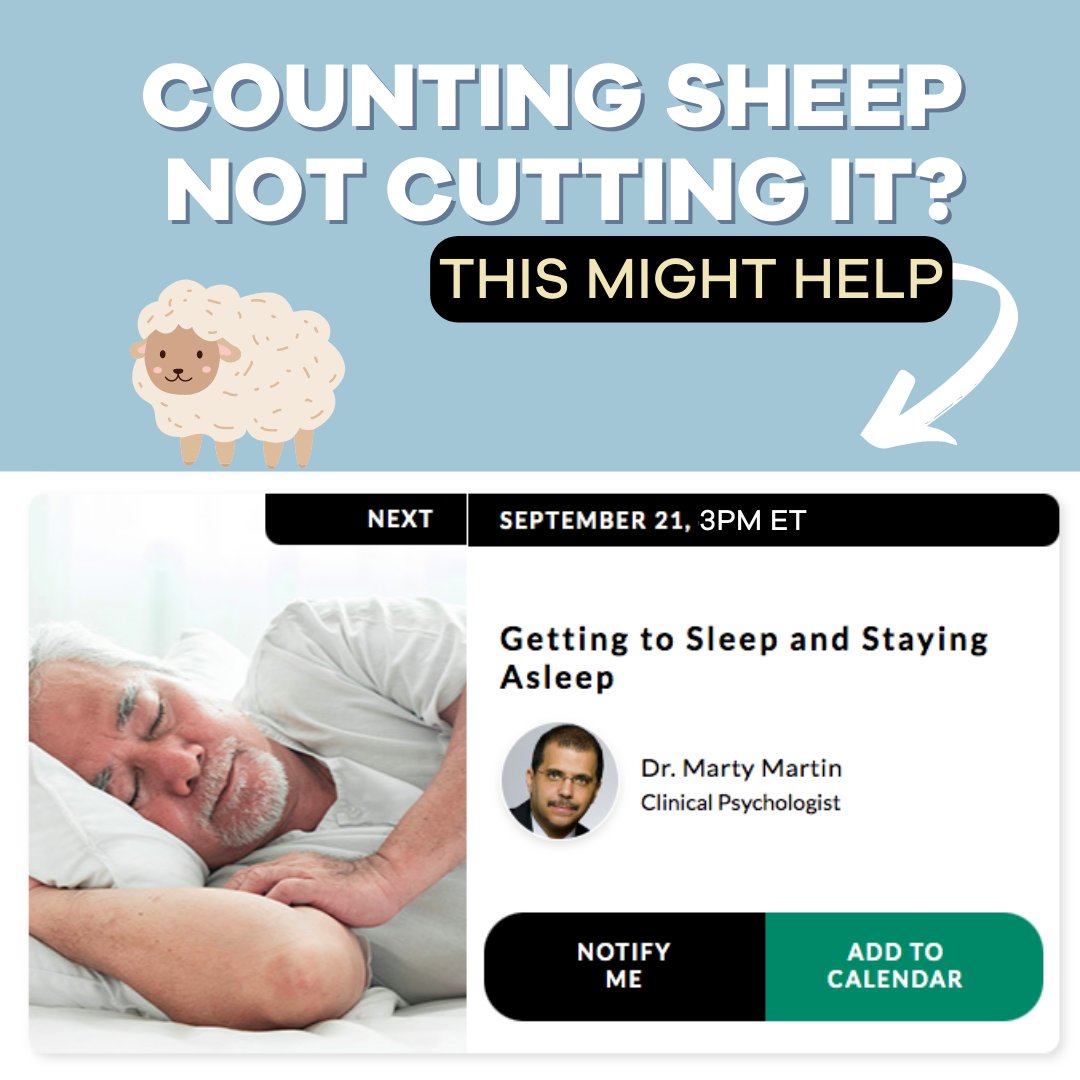 Learn how to sleep- THE RIGHT WAY! ✅💤

LifeSpeak Ask the Expert - Getting to Sleep and Staying Asleep with Dr. Marty Martin, Clinical Psychologist. 

✨When? The English session will be held September 21st 3:00 p.m. ET. 

✨Where? Register Here! 💤
nabs.lifespeak.com/Share?key=e9b2…