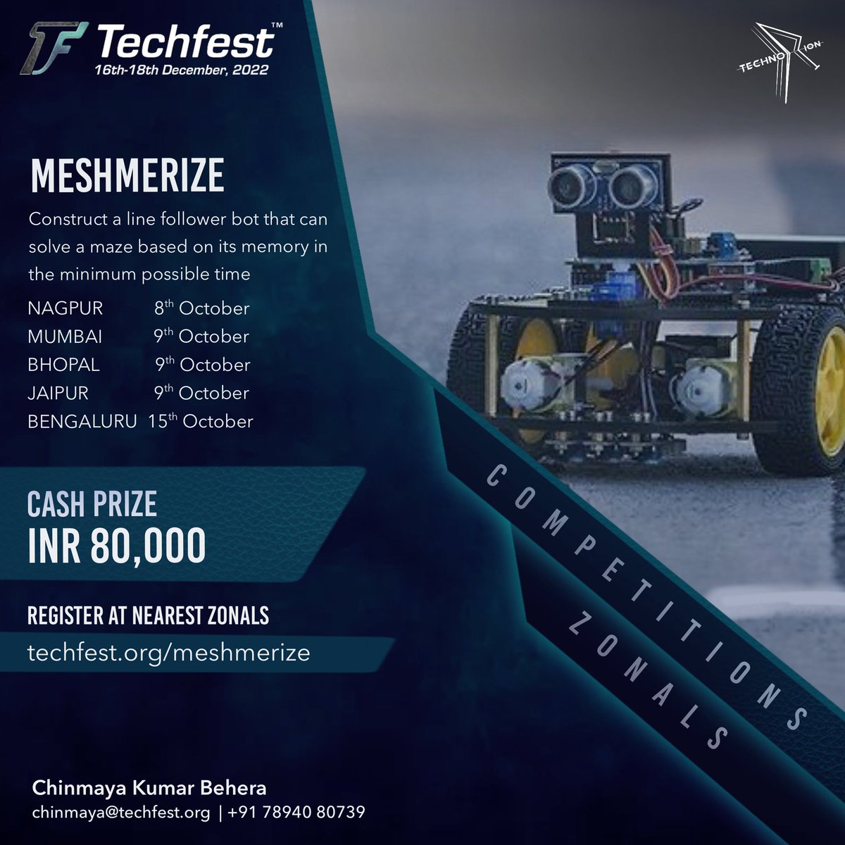 Techfest_IITB's tweet photo. Techfest, IIT Bombay, is excited to announce 𝗠𝗲𝘀𝗵𝗺𝗲𝗿𝗶𝘇𝗲!
Register today at https://t.co/dthppnPAQ1. Prize money of 𝗜𝗡𝗥 𝟴𝟬,𝟬𝟬𝟬 awaits you!!!
See you at Mumbai-Jaipur-Nagpur-Bhopal-Bengaluru
#meshmerize #robotics #LFR #bot #technology #Competition #techfest #tech https://t.co/39qCaKYvfF