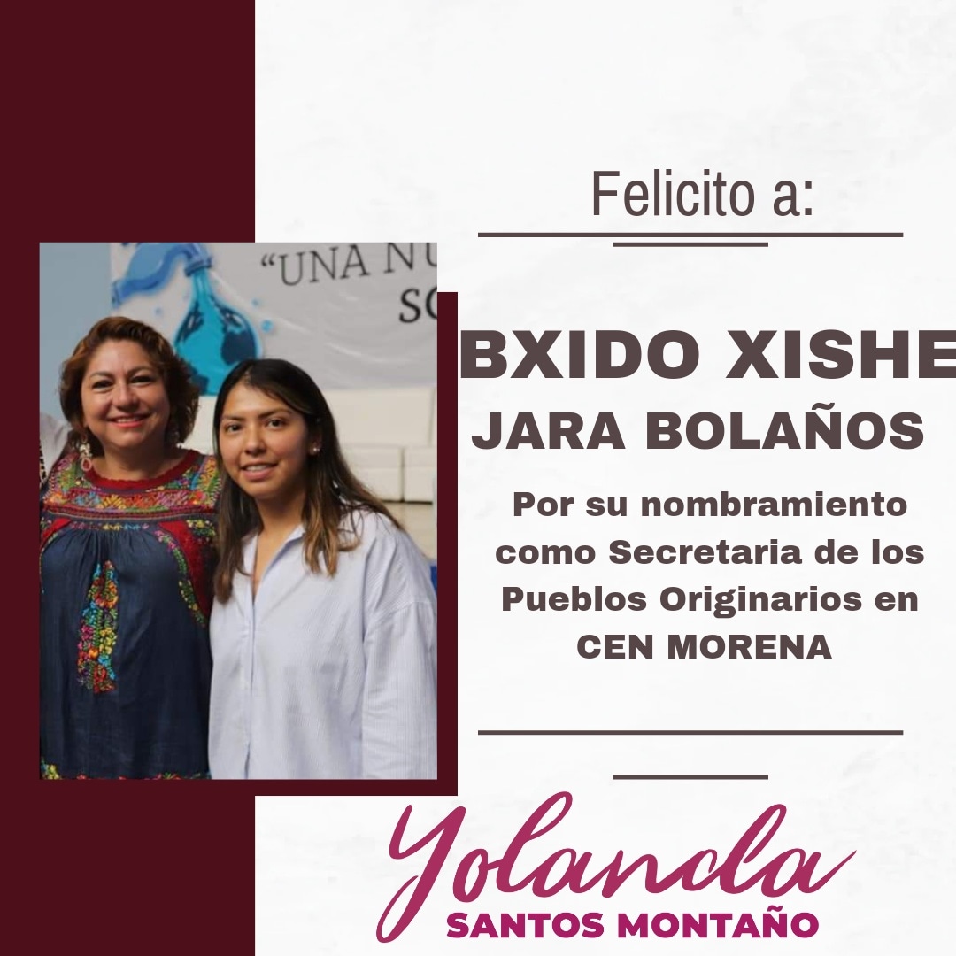 Yolanda_SanMon's tweet photo. Felicito enormemente a Bxido Xishe Jara Bolaños por su nombramiento como Secretaria de los Pueblos Originarios en CEN MORENA.

¡Felicidades! 😊

Con liderazgos jóvenes en #Morena la transformación seguirá avanzando, con estás acciones crecemos todas y todos.

#SanJacintoAmilpas https://t.co/VnpUkrkfsX