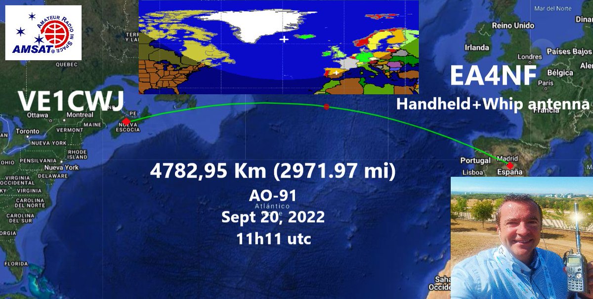 EA4NF_SAT's tweet image. 👍Thank you John @ve1cwj
👉Great transatlantic 🇨🇦🇪🇦 QSO on AO-91 this morning at 4° elevation with a simple whip antenna and a walkie for a 4783 km distance.
Spot : @realmadrid training center
📢:
dropbox.com/s/yjzhsy75w34s…

#AMSATRovers @AmsatSpain @AMSAT @ure_es @GridMasterMap