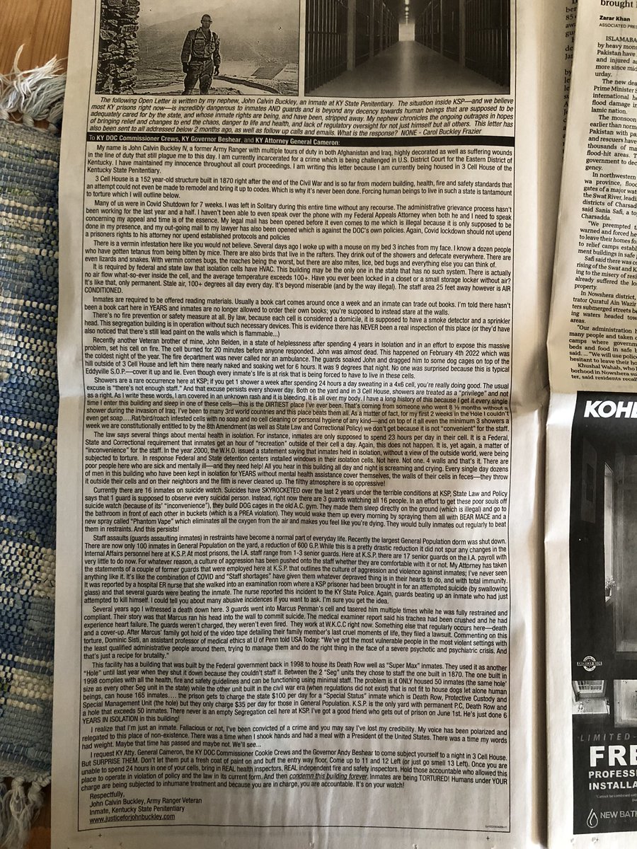 Billy_Kobin's tweet photo. I almost missed this full-page ad / letter in The Courier Journal the other Sunday from John Calvin Buckley on Kentucky State Penitentiary conditions. https://t.co/rWnUqJXT19