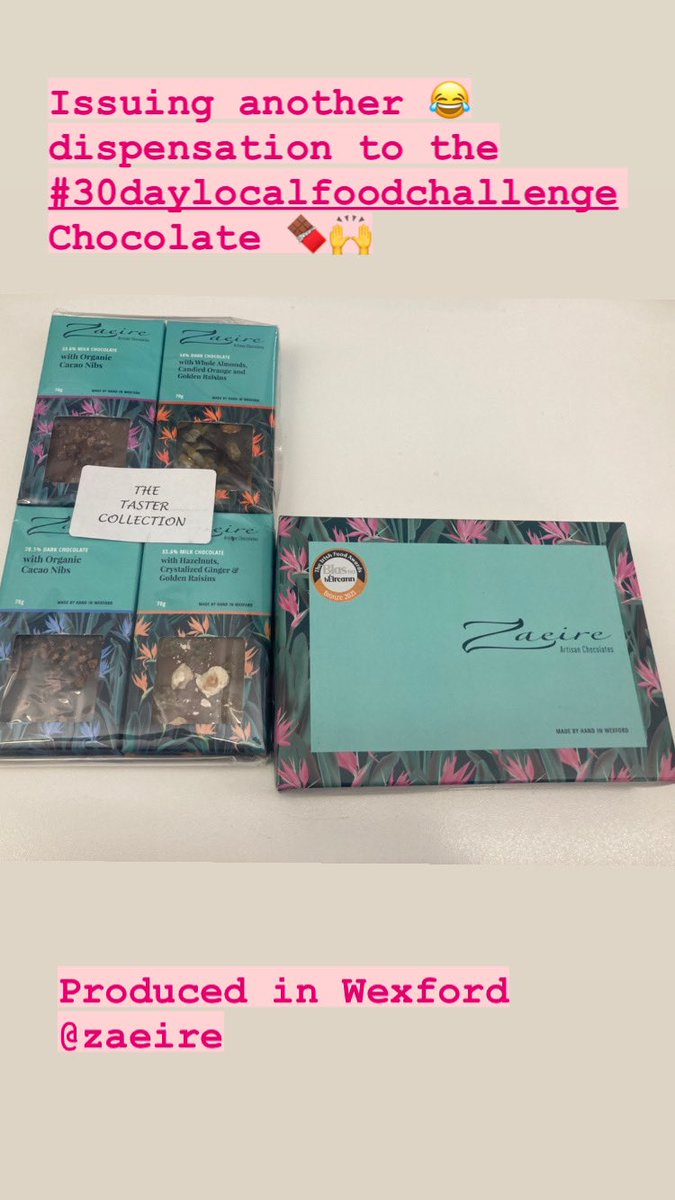 Andrea Gilligan (@andreagilligan) on Twitter photo The last of the dispensations to the #30daylocalfoodchallenge 🍫 chocolate 😂🤣
Produced in Wexford <a href="/Zaeire/">Leigh Kelly - Zaeire Chocolate</a> <a href="/BlasNahEireann/">Blas na hÉireann</a> The last of the dispensations to the #30daylocalfoodchallenge 🍫 chocolate 😂🤣
Produced in Wexford <a href="/Zaeire/">Leigh Kelly - Zaeire Chocolate</a> <a href="/BlasNahEireann/">Blas na hÉireann</a>