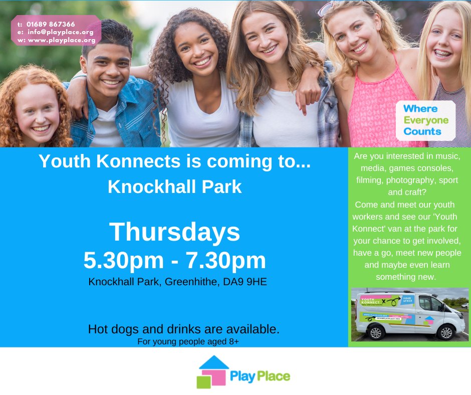 Youth Konnects is coming to Greenhithe on Thursdays .......
For more information please call 01689 867366 or email info@playplace.org