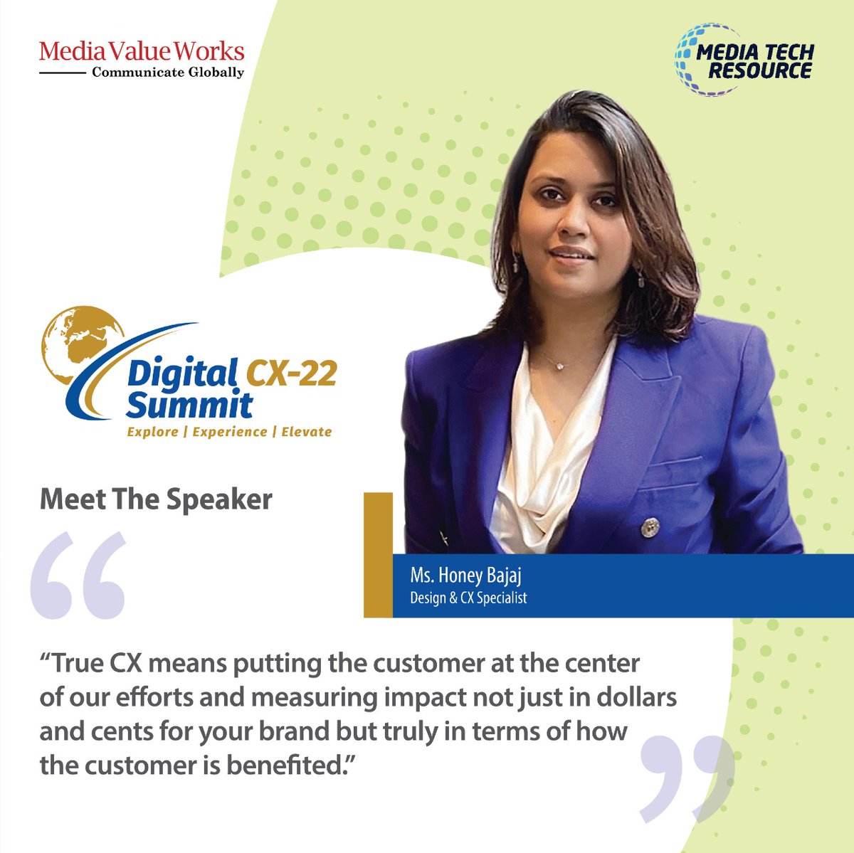MVWglobal's tweet photo. Welcoming our Esteemed Speaker Ms. Honey Bajaj for the Global Digital CX-22 Summit.
Register Now: https://t.co/rJWxJzii7i
#Mediavalueworks #digitalcx #cx #cxevents #customerexperience #cxstrategy #cxtransformation #cxtalks #events #virtualevents #digitalcx22 #digital https://t.co/9LnMiwz6i5