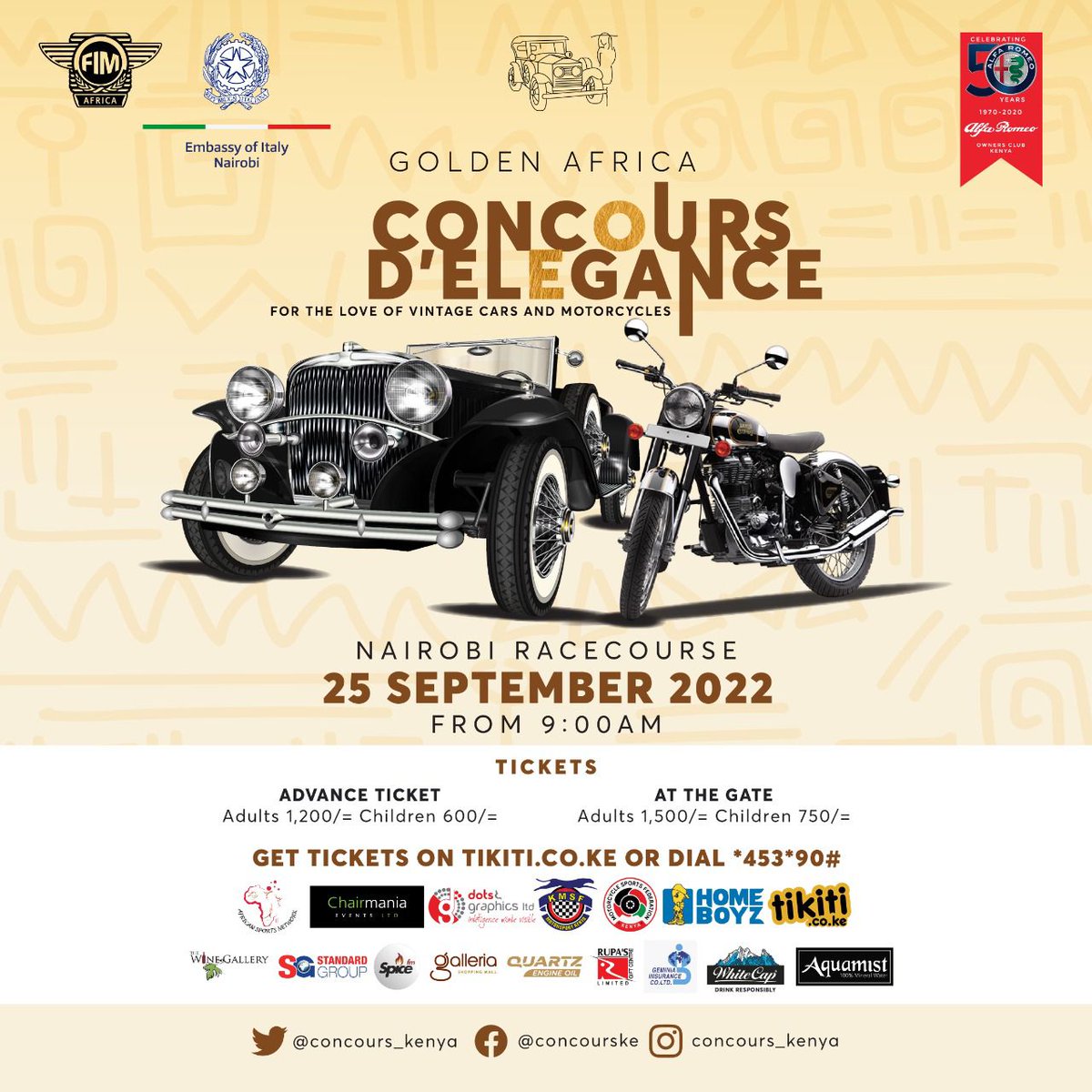 ChairmaniaK's tweet photo. Come join us at the classiest Golden Jubilee Concours d'Elegance this Sunday 25th Sept. 2022 brought to you by the Alfa Romeo Owners Club.
Chairmania Events Ltd is a proud partner of this year's event. Check official event poster for ticket purchase information. @concours_kenya https://t.co/f20wJznmAQ
