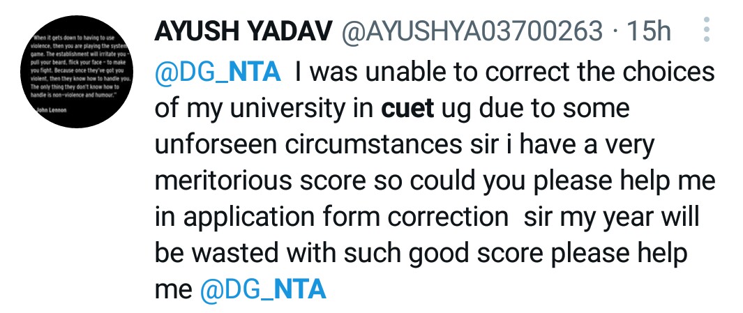 AIAGIndia's tweet photo. @DG_NTA Please reopen CUET UG Correction window last time.
Many Students are waiting for your response.
#CUET #CUETUG2022 #CUETAnswerKey #cuetresult #CUETUG2022result #cuetresults https://t.co/JhNqcMgd3q