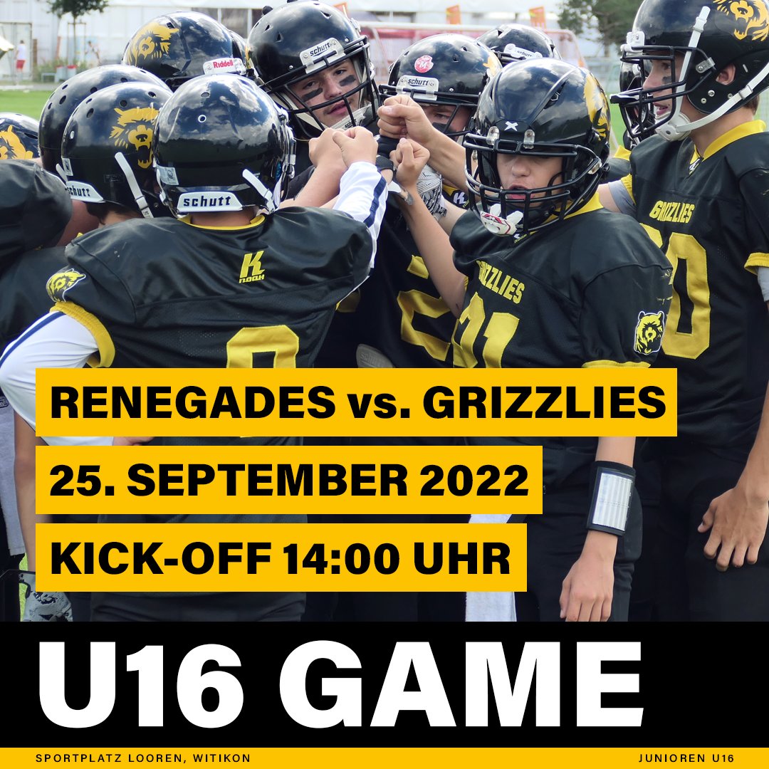 Bern Grizzlies (@berngrizzlies) on Twitter photo Diesen Sonntag sind unsere U16-Junioren zu Gast in Zürich bei den <a href="/zurichrenegades/">Zurich Renegades</a> 🆙🏈
📅 Sonntag, 25. September 2022
🕑 Kick-off 14:00 Uhr
📍 Sportplatz Looren, Witikon
#BernGrizzlies #AmericanFootball #U16 Diesen Sonntag sind unsere U16-Junioren zu Gast in Zürich bei den <a href="/zurichrenegades/">Zurich Renegades</a> 🆙🏈
📅 Sonntag, 25. September 2022
🕑 Kick-off 14:00 Uhr
📍 Sportplatz Looren, Witikon
#BernGrizzlies #AmericanFootball #U16