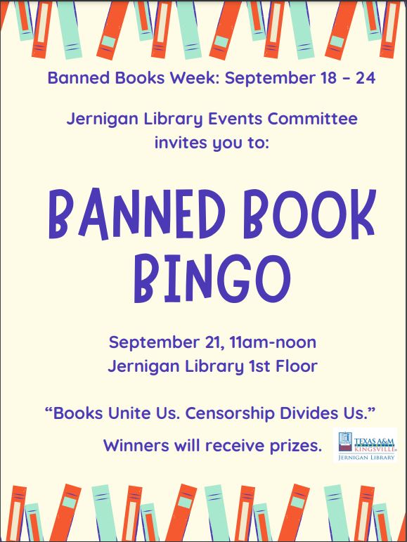 tamuksta's tweet photo. Tomorrow is a happening place in the Jernigan Library! Stop by and play some banned book bingo (and maybe win a prize!). Then enjoy some snacks and listen to the first lecturer, Dr. Humbero Perotto, talk about the drone program! #TAMUK https://t.co/VGXUgI9KIH