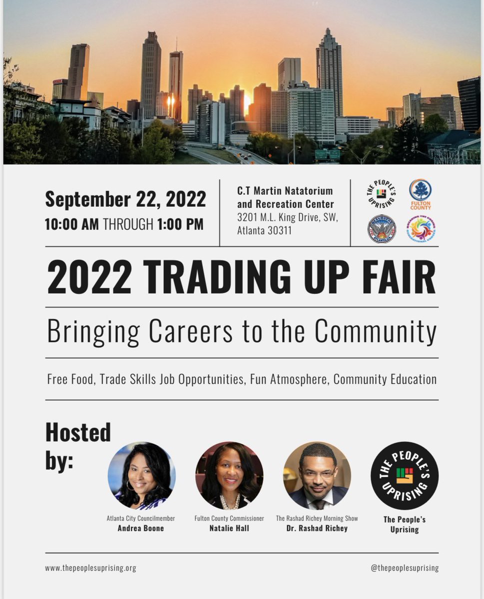 The People’s Uprising (@tpuatlanta) on Twitter photo We are bringing careers to the community with our friends <a href="/NatalieWHall/">Vice Chair Natalie Hall</a> <a href="/AndreaBooneNow/">Andrea Boone</a> and <a href="/Rashad_Richey/">DR. RASHAD RICHEY</a> ! All ages are invited to learn more about trade programs offered in their area of interest at Trading Up 2022 the 1st annual trade school fair for metro Atlanta residents We are bringing careers to the community with our friends <a href="/NatalieWHall/">Vice Chair Natalie Hall</a> <a href="/AndreaBooneNow/">Andrea Boone</a> and <a href="/Rashad_Richey/">DR. RASHAD RICHEY</a> ! All ages are invited to learn more about trade programs offered in their area of interest at Trading Up 2022 the 1st annual trade school fair for metro Atlanta residents