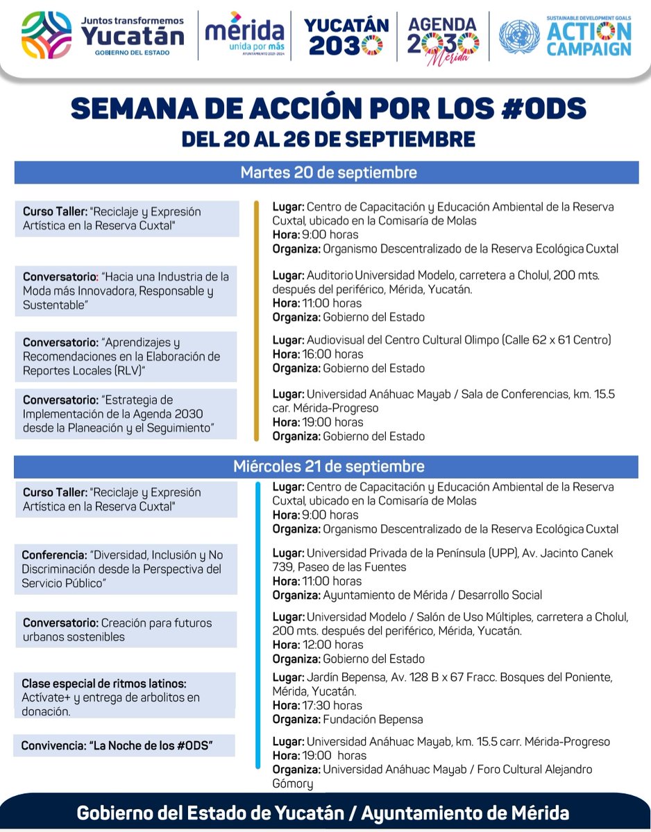 ramon_may's tweet photo. El @AyuntaMerida @GobYucatan la sociedad civil y la iniciativa privada, convocados por el ÓSI de Agenda 2030, te invitan a ser parte de la Semana de Acción por los #ODS:

🗓Del 20 al 26 de septiembre.
🔎Consulta el programa completo de actividades aquí: https://t.co/8n8e731bmH https://t.co/ioPyOt8H2q