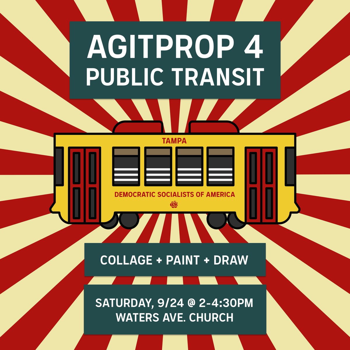 TDSAEcoSoc's tweet photo. What is AgitProp? AgitProp is an art form meaning "agitation and propaganda," designed to inspire action, often towards a progressive cause. THIS SATURDAY (2-4:30pm) at Waters Avenue Church, let's get artsy and collage, paint, &amp; draw for better public transit in Tampa! 🚎🚊💖 https://t.co/415Pftegfg