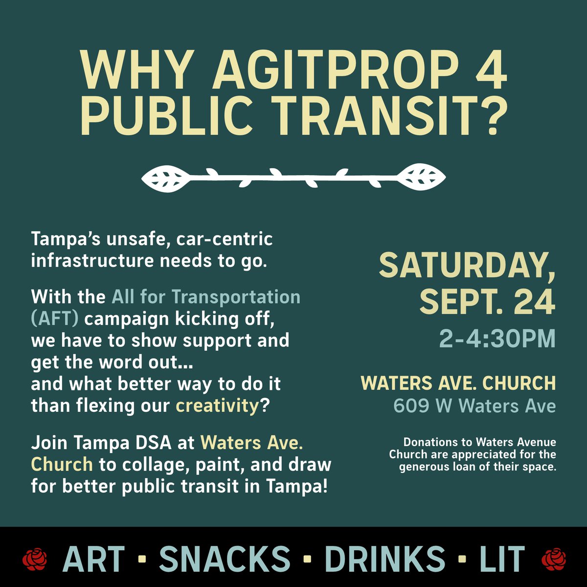 TDSAEcoSoc's tweet photo. What is AgitProp? AgitProp is an art form meaning "agitation and propaganda," designed to inspire action, often towards a progressive cause. THIS SATURDAY (2-4:30pm) at Waters Avenue Church, let's get artsy and collage, paint, &amp; draw for better public transit in Tampa! 🚎🚊💖 https://t.co/415Pftegfg