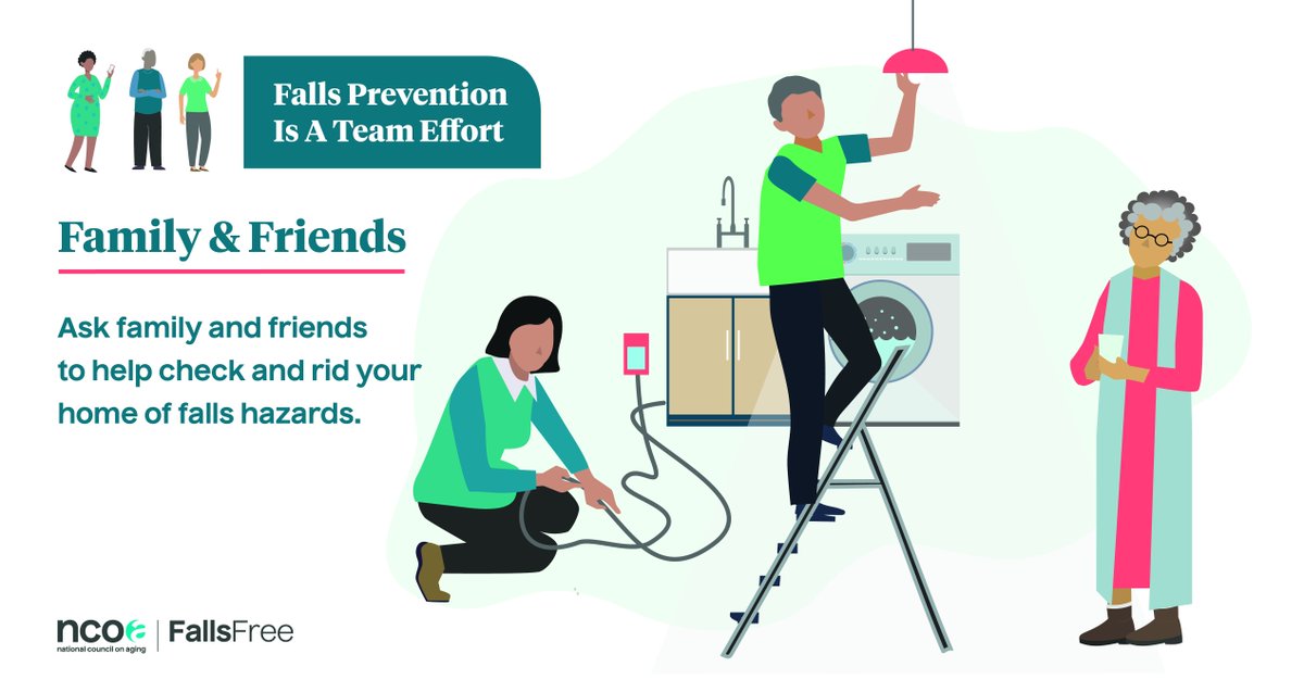 NCOAging's tweet photo. How can #OlderAdults stay safe at home and prevent falling? By recruiting trusted family and friends to help. #FallsPrevention is a team effort and everyone plays a role. Learn why 👉 https://t.co/3z0CRjes2d
#FPAW2022 #FallsPreventionAwarenessWeek https://t.co/JBF73kaZdz