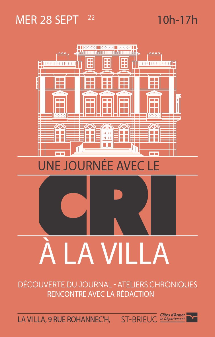 28.09 10h>17h l’équipe de la rédaction du journal du <a href="/Cridelormeau/">Cri de l'Ormeau</a> s’installe à la Villa ! 
- 10h / 15h présentation coups 💚🎧 de la #rédaction places #spectacles à gagner
- 14h / 16h rédigez votre chronique de disque ou livre
<a href="/cotesdarmor22/">cotesdarmor</a>