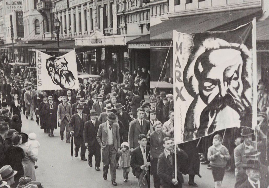 May Day rally, Melbourne, c.1930s. Banners by Noel Counihan