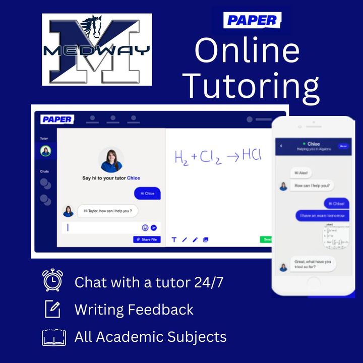 Excited to announce a new partnership with <a href="/paperlearning/">Paper</a>! Unlimited access to trained tutors for students <a href="/MedwayHighInfo/">MEDWAYHIGHSCHOOL</a> &amp; <a href="/MedwayMiddle/">Medway Middle School</a> - FREE,  24/7, 356 days a year, on any subject. Students can log on to  Paper Co. bit.ly/3dZAOr5  using their Google Single Sign On.