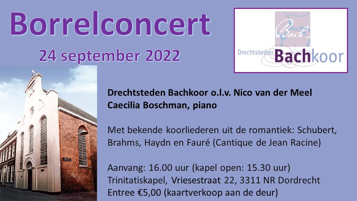 Wist u dat u iets gemeen heeft met Vincent van Gogh? 
Vincent van Gogh woonde en werkte 1877 kort in Dordrecht. In die tijd bezocht hij meerdere malen de Trinitatiskapel en dat gaat u toch ook doen komende zaterdag, 24 september?😉
Welkom!
drechtstedenbachkoor.nl/24-september-r…