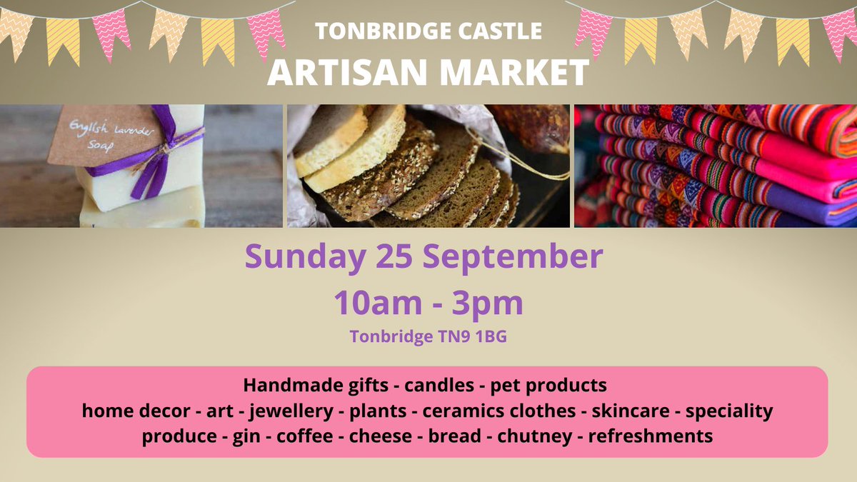 An array of tasty treats and beautifully crafted products await visitors to Sunday's artisan market at Tonbridge Castle.  Why not combine with a tour round the castle and enjoy the amazing views over Tonbridge from the top of the gatehouse. orlo.uk/As7Y8