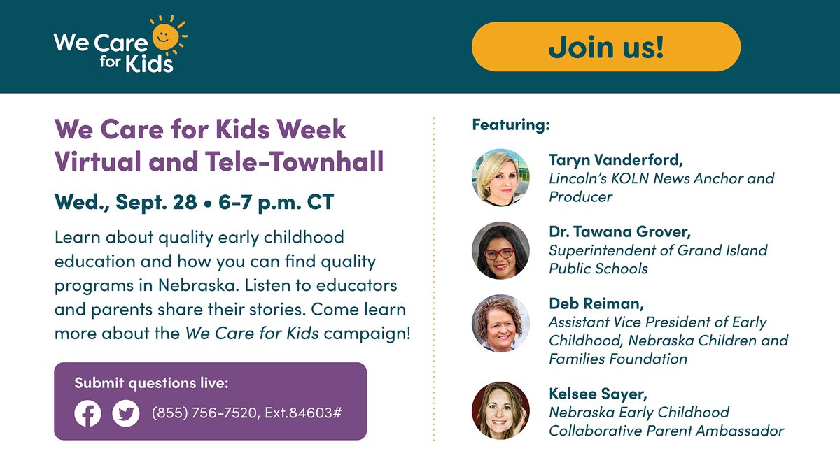 We Care for Kids Week is almost here! Join us for a telephone town hall on 9/28 to hear from Nebraska communities, ask questions, and learn how to get involved with We Care for Kids! bit.ly/3v8sRrn