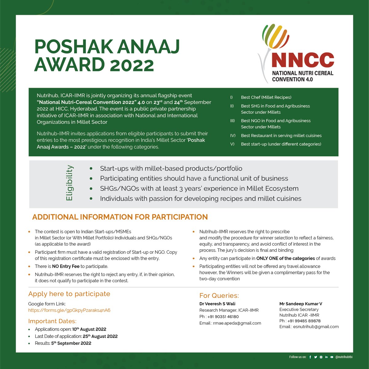 nnccmillets's tweet photo. We give Recognition and awards to those who brought Excellence, Knowledge, and Innovation to Millets Industry. Such Individuals will be the recipient of the Poshak Anaaj Awards on 23-24 September 2022 at HICC Novotel Hotels, Hyderabad, TS, India

#nncc #supportmillets #Hyderabad https://t.co/NttOe5myh7