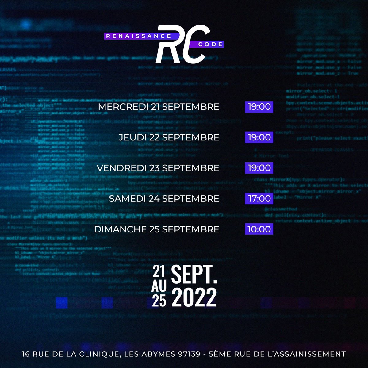 EmmanueBarno_'s tweet photo. RENAISSANCE CODE 2022 ⛈️

Rendez-vous du 21 au 25 Septembre 2022 pour 5 jours intenses lors de notre conférence annuelle 🙌🏽🔥

Sur le thème : LE TEMPS EST VENU !

Pour cette édition le programme est intense et nous serons bénis et honorés de recevoir des orateurs mandaté.

#Jesus https://t.co/EYwB43Feup