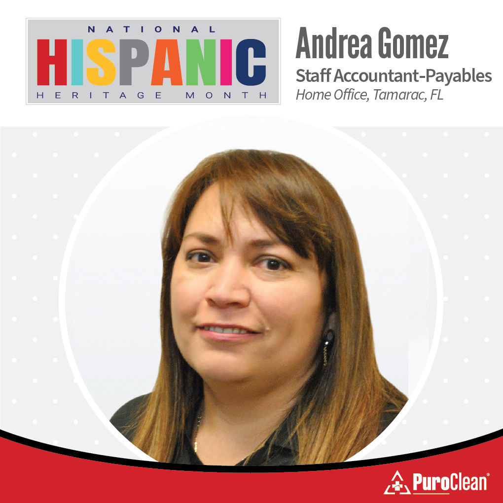 Celebrating National Hispanic Heritage Month. Meet Andrea Gomez, Staff Account-Payables from our Home Office team in Tamarac, FL. Andrea’s country of Hispanic Heritage is Colombia. 

#PuroCleanLatinos #HispanicHeritageMonth #CelebrateHispanicHeritage