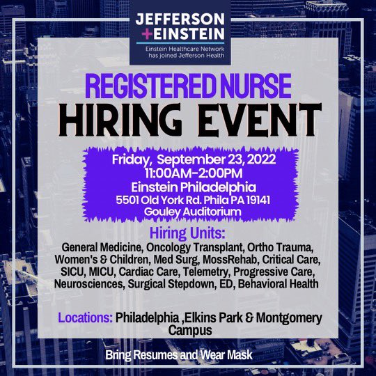 EinsteinJobs's tweet photo. Don’t miss our in-person RN Hiring Event!!  This Friday, 9/23, 11 AM - 1 PM.  Walk-ins welcome!! https://t.co/wMhnUZJkgB