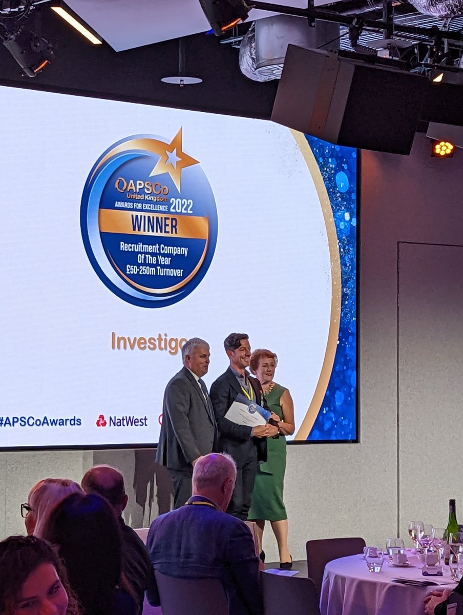 The winner of the 'Recruitment Company of the Year £50-250m Turnover' award is <a href="/InvestigoLtd/">Investigo</a>!

The company shows an inclusive, well-rounded people strategy and culture from the CEO down &amp; is delivering leading-edge recruitment, performing at the top of its game. 👏

#APSCoAwards